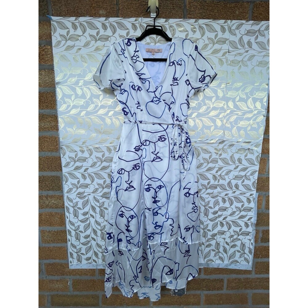 HUTCH Abstract Face Line Art Wrap Dress S Matisse Vibe High-Low Tiered Modern